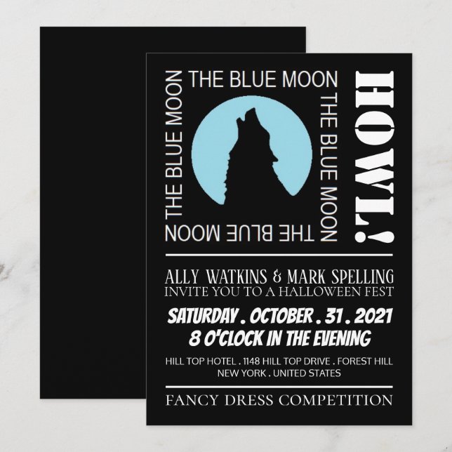 Invitation La Lune bleue, fête d'Halloween (Devant / Derrière)