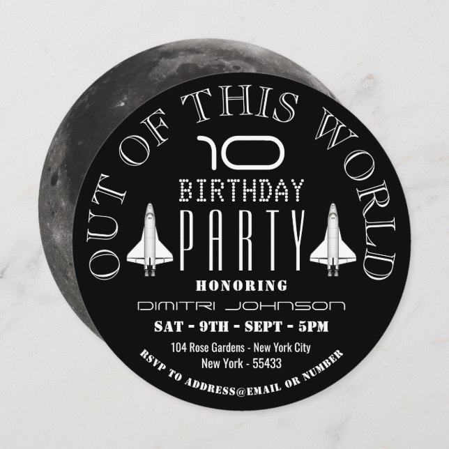 Invitation La Lune, navette spatiale fête d'anniversaire (Devant / Derrière)