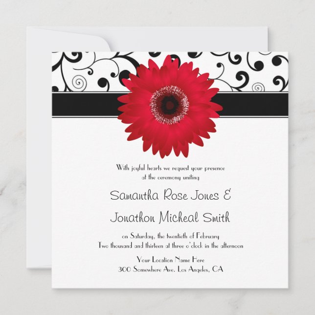 Invitation La marguerite rouge de Gerbera avec le Mariage de  (Devant)