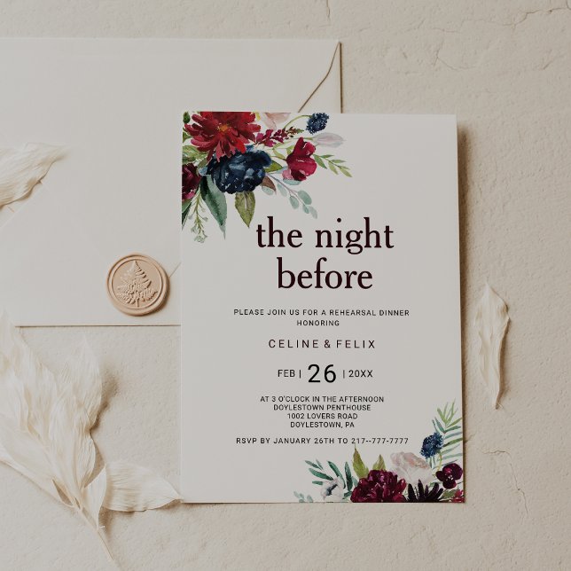 Invitation La Marine Bourguignonne Moderne Bat Floral La Nuit (Créateur téléchargé)