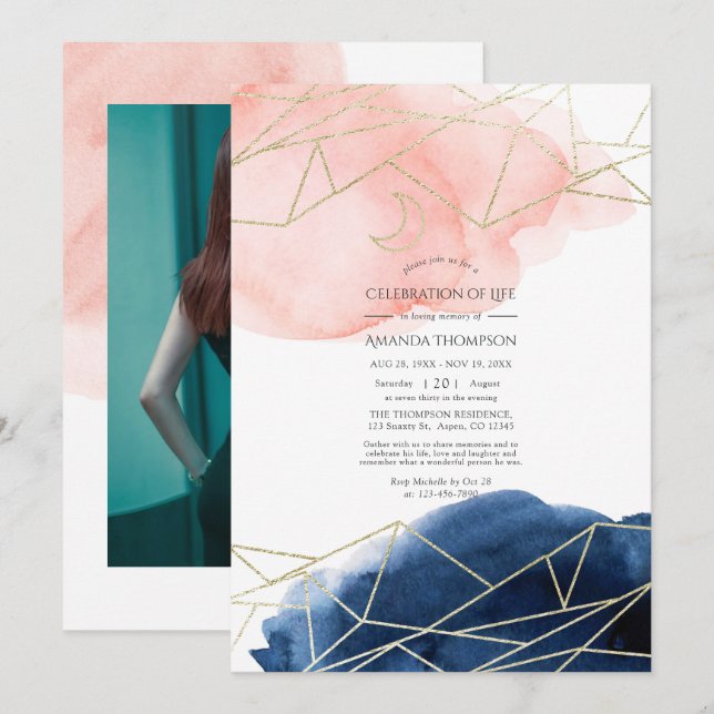 Invitation La marine et l'aquarelle blush Célébration de la v (Devant / Derrière)