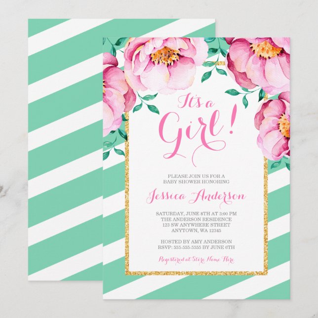 Invitation La menthe barre le baby shower floral d'aquarelle (Devant / Derrière)