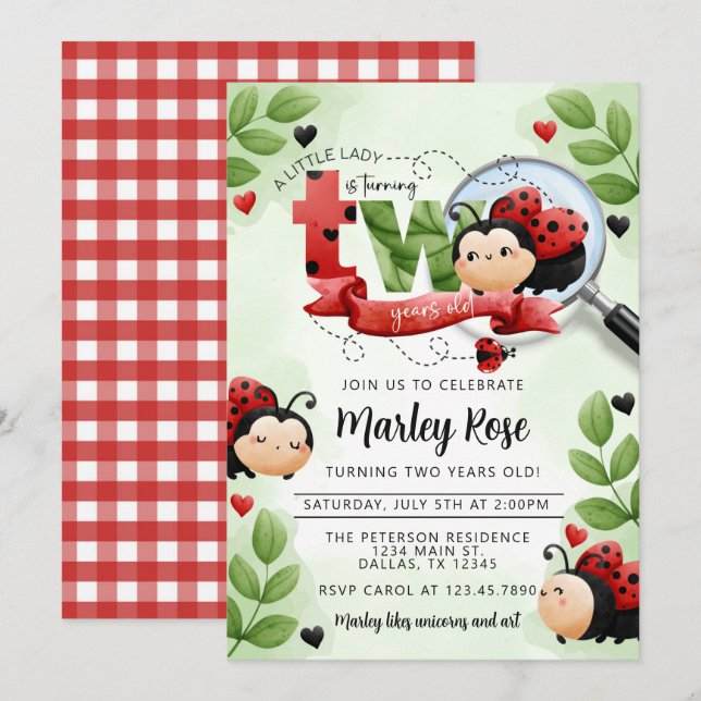 Invitation La mignonne Ladybug qui tourne DEUX fête d'anniver (Devant / Derrière)