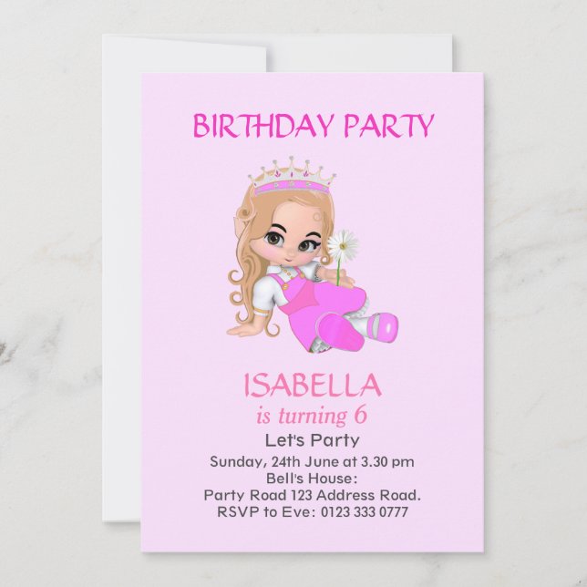 Invitation La mignonne princesse sur rose pâle 6e anniversair (Devant)