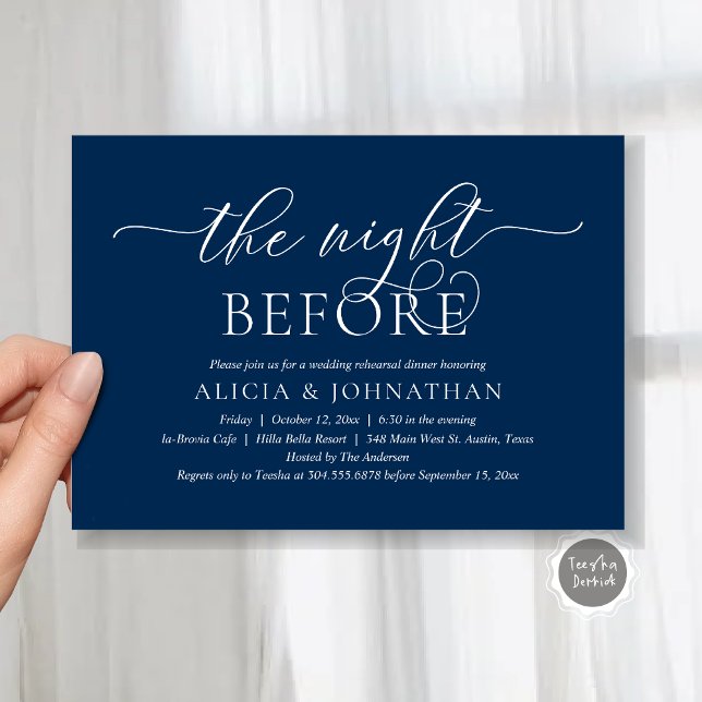 Invitation La Nuit Avant, Bleu Marine, Dîner de Répétition (The Night Before, Navy Blue, Rehearsal Dinner Invitation Card, Printed and Digital File.)