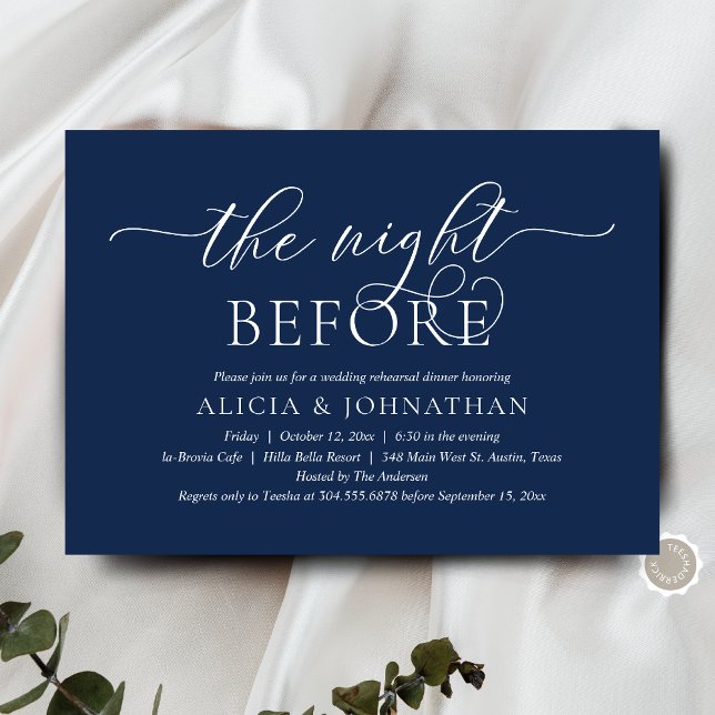 Invitation La Nuit Avant, Dîner de Répétition de Mariage Mode (The Night Before, Wedding Rehearsal Dinner  Invitation Card, in Modern Classy Navy Blue theme)