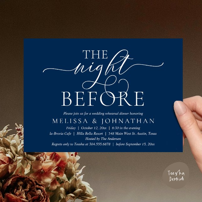 Invitation La Nuit Avant, Dîner de Répétition de Mariage Mode (The Night Before, Modern Wedding Rehearsal Dinner Party Invitation Card, PDF, Navy Blue)