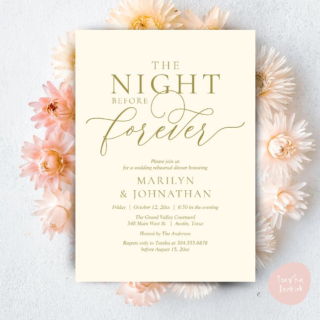 Invitation La Nuit Avant Forever, Dîner de Répétition de Mari (The Night Before Forever Wedding Rehearsal Dinner Romantic Classy Invites Card PDF in Yellow Gold)