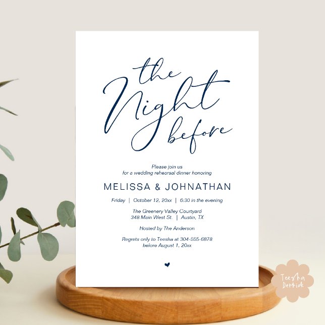 Invitation La nuit avant la fête de répétition Mariage romant (The Night Before Romantic Modern Wedding Rehearsal Dinner Aesthetic Invites PDF Classy Navy Blue)