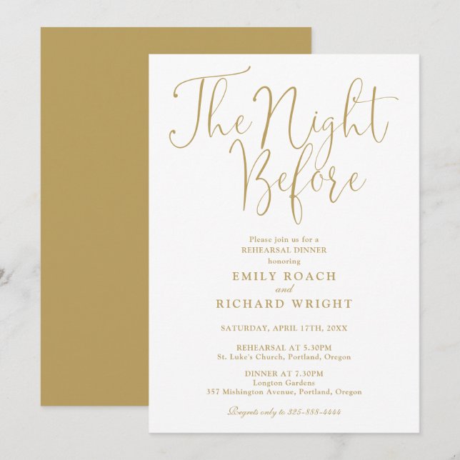Invitation La Nuit Avant La Répétition Dîner Chic Gold (Devant / Derrière)