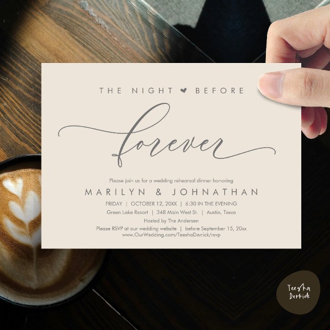 Invitation La Nuit Avant Le Dîner De Répétition Romantique (Romantic The Night Before Forever, Wedding Rehearsal Dinner Invitation Card, PDF, Dark Grey Cream)