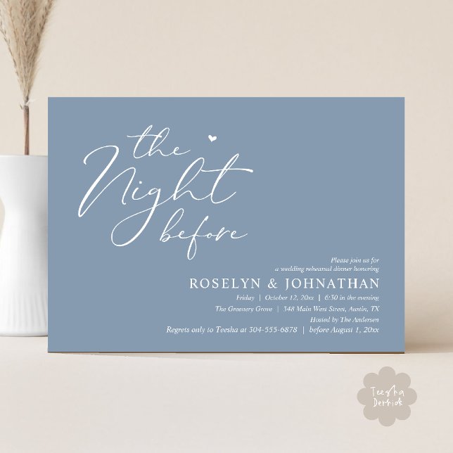 Invitation La Nuit Avant Le Dîner De Répétition Romantique De (The Night Before Romantic Wedding Rehearsal Dinner Little heart Invitation Card PDF Dusty Blue)
