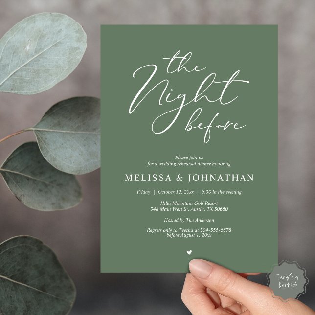 Invitation La Nuit Avant Le Dîner De Répétition Romantique De (Classy Romance, The Night Before Wedding Rehearsal Dinner Invitation Card, PDF, in Forest Sage Green)