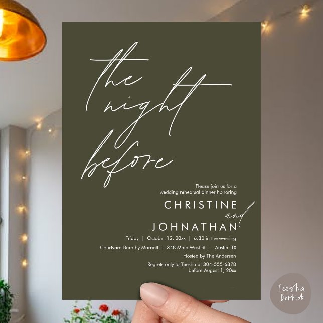 Invitation La Nuit Avant Le Dîner De Répétition Romantique De (The Night Before Romantic Wedding Rehearsal Dinner Invitation Card, PDF, in Olive Green)