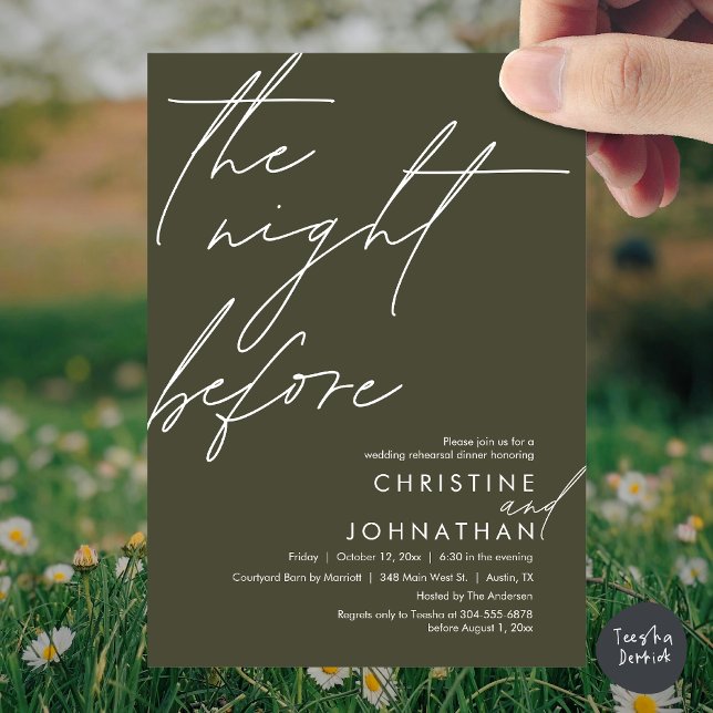 Invitation La Nuit Avant Le Dîner De Répétition Romantique De (The Night Before Romantic Wedding Rehearsal Dinner Invitation Card, PDF, in Olive Green)