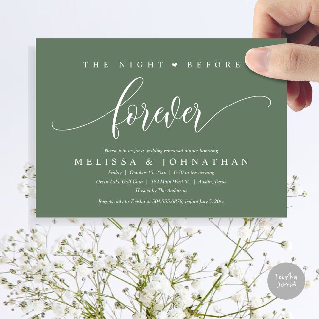 Invitation La Nuit Avant Pour Toujours, Dîner De Répétition M (The Night Before Forever, Modern Wedding Rehearsal Dinner Invitation Card, PDF, in Forest Sage Green)
