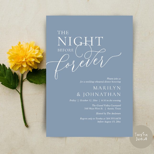 Invitation La Nuit Avant Pour Toujours, Dîner De Répétition M (The Night Before Forever Wedding Rehearsal Dinner Romantic Classy Invites Card PDF in Dusty Blue)