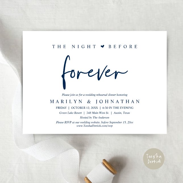 Invitation La Nuit Avant Pour Toujours, Dîner De Répétition M (The Night Before Forever, Modern Wedding Rehearsal Dinner Invitation Card, PDF, in Navy Blue)