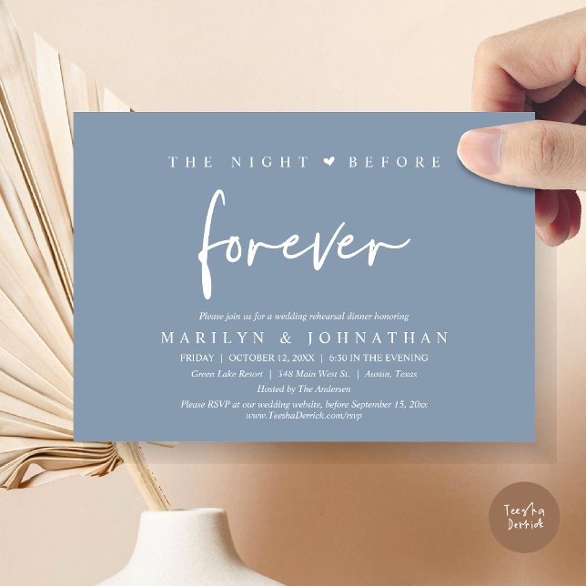 Invitation La Nuit Avant Pour Toujours, Dîner De Répétition M (The Night Before Forever, Modern Wedding Rehearsal Dinner Invitation Card, PDF, in Dusty Blue)