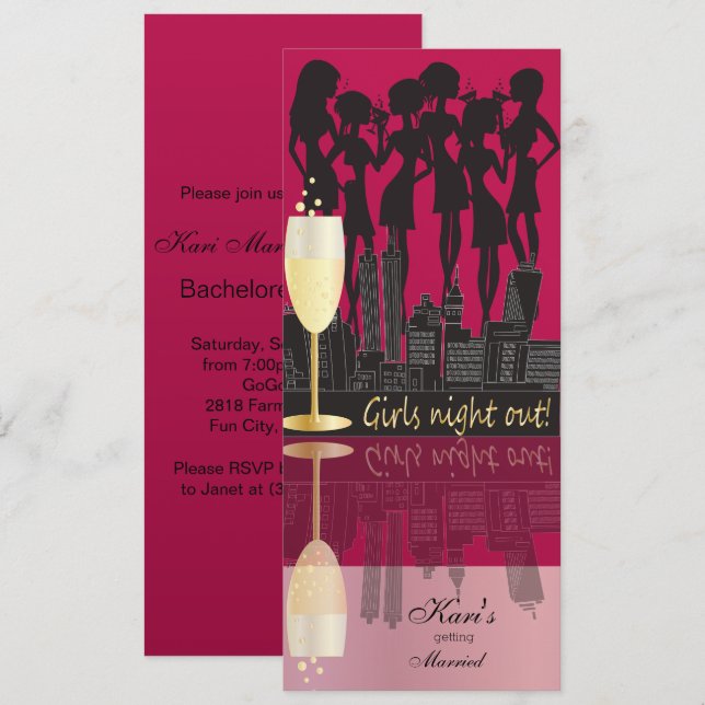 Invitation La nuit de filles Party le rose foncé de la (Devant / Derrière)