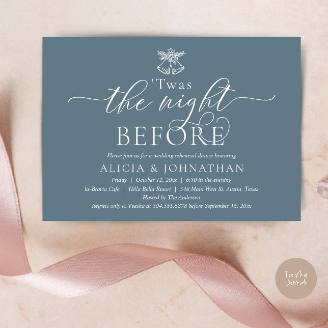 Invitation La Nuit Précédente, Ce Dîner De Répétition Mariage (The Night Before, Twas Wedding Rehearsal Dinner Party Invites Card mistletoe wedding bell dusty Blue)