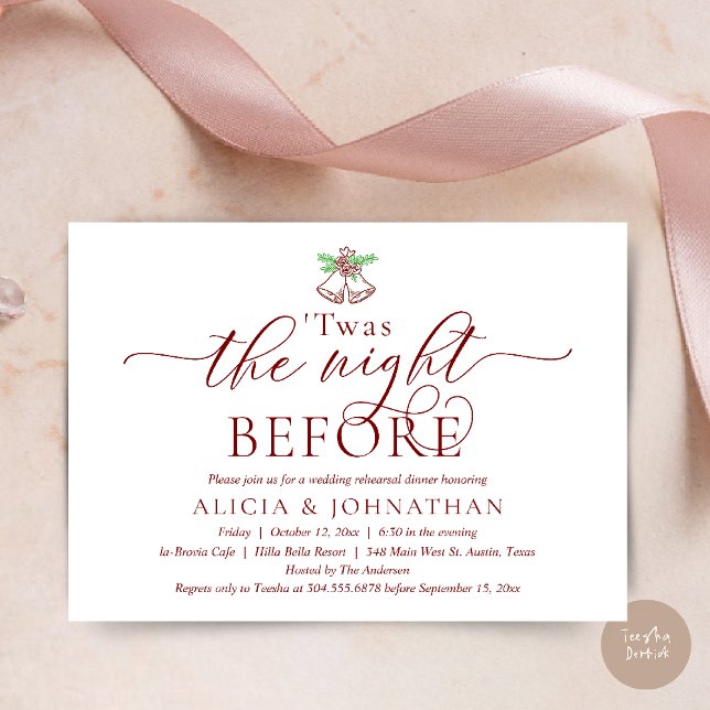 Invitation La Nuit Précédente, Ce Dîner De Répétition Mariage (The Night Before, Twas Wedding Rehearsal Dinner Party Invites Card mistletoe wedding bell burgundy)