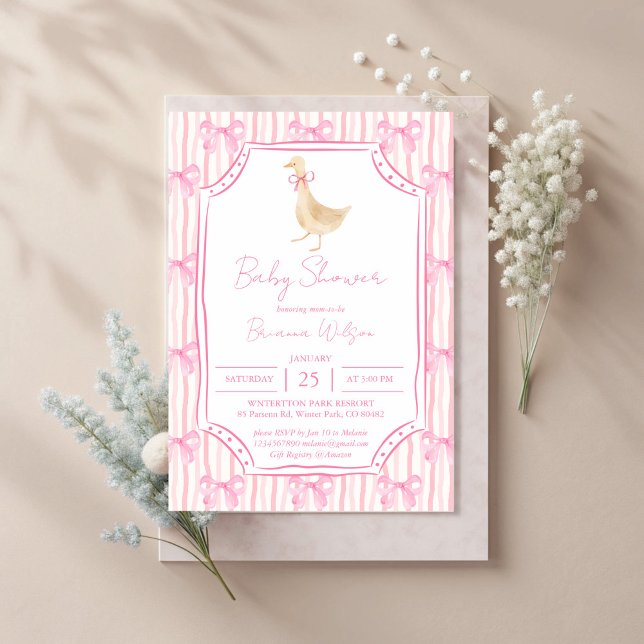 Invitation La pépinière d'oie rime le baby shower (Silly Goose nursery rhymes vintage pink bow baby shower invitation cards template)