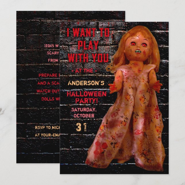 Invitation La poupée Déplaisante de la fête d'Halloween veut  (Devant / Derrière)