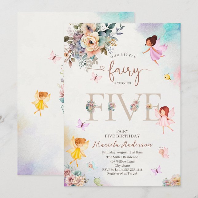 Invitation La princesse de la fée magique Florale tourne cinq (Devant / Derrière)