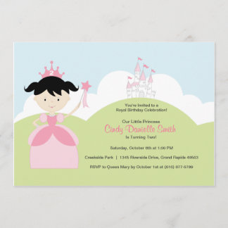 Invitation La princesse des cheveux noirs en rose avec le châ