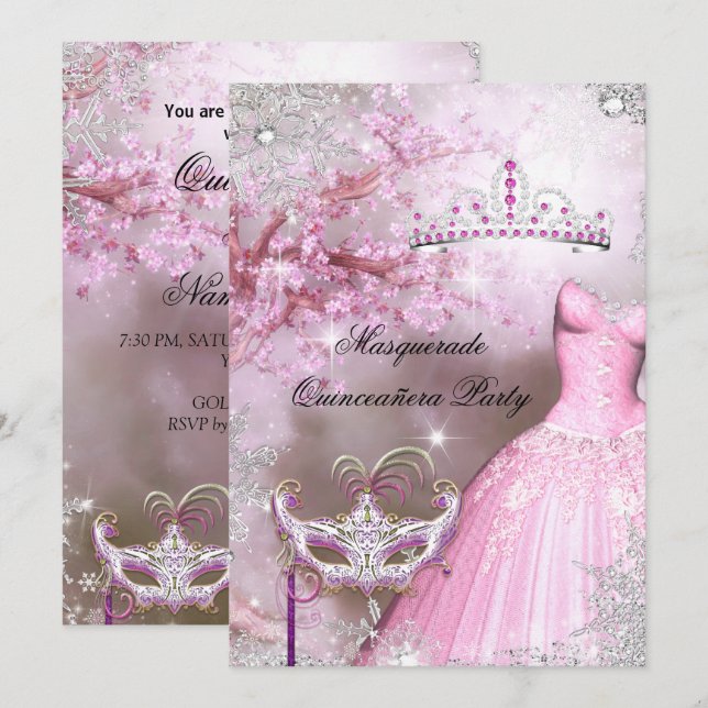 Invitation La princesse magique Quinceanera Masquerade rose (Devant / Derrière)