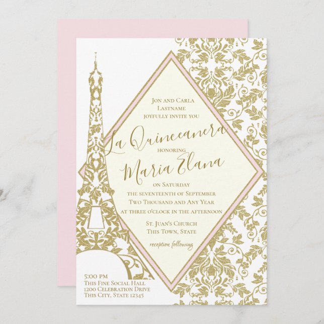 Invitation La Quinceanera Blush et Gold Damask Tour Eiffel (Devant / Derrière)