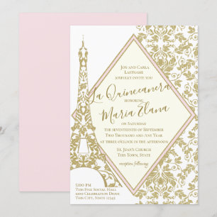 Invitation La Quinceanera Blush et Gold Damask Tour Eiffel