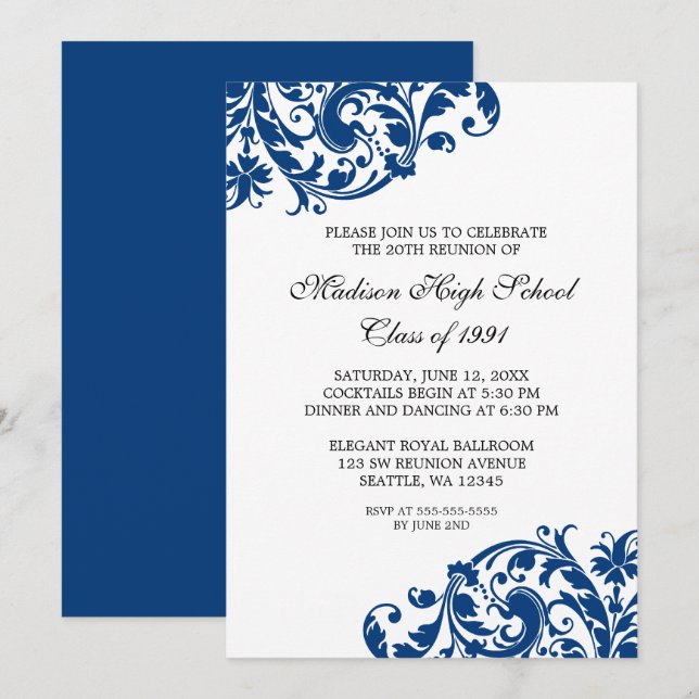 Invitation La Réunion de classe de Flourish de bleu marine et (Devant / Derrière)
