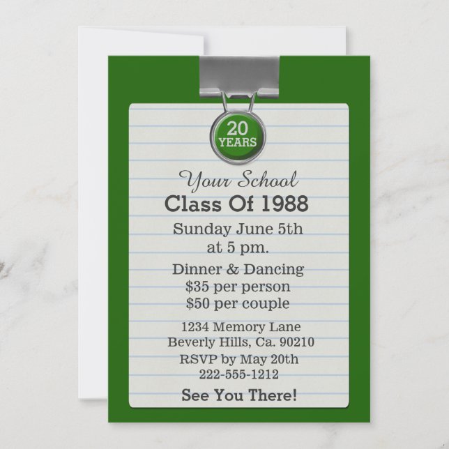 Invitation La Réunion de classe de vert de papier à lettres (Devant)