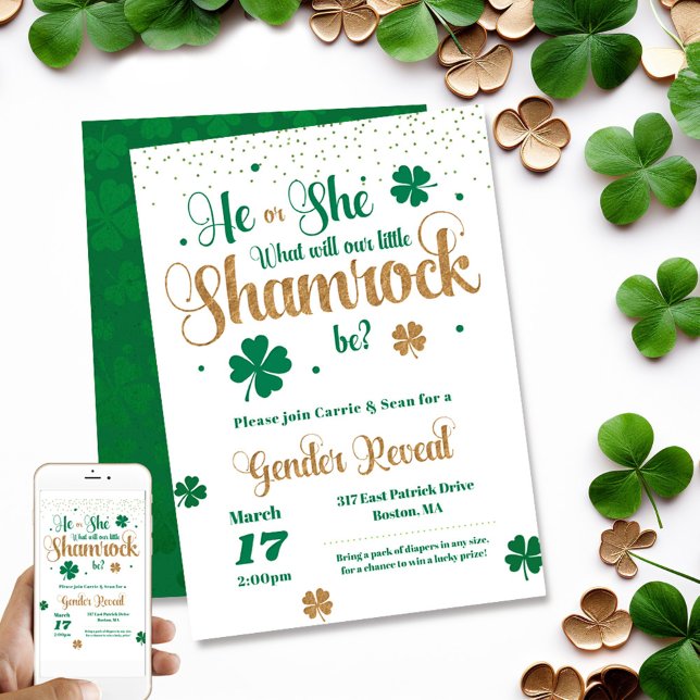 Invitation La Saint Patrick de la petite Shamrock Révélation  (He or she, Shamrock gender reveal invitation. Shown with both printed & digital version. )