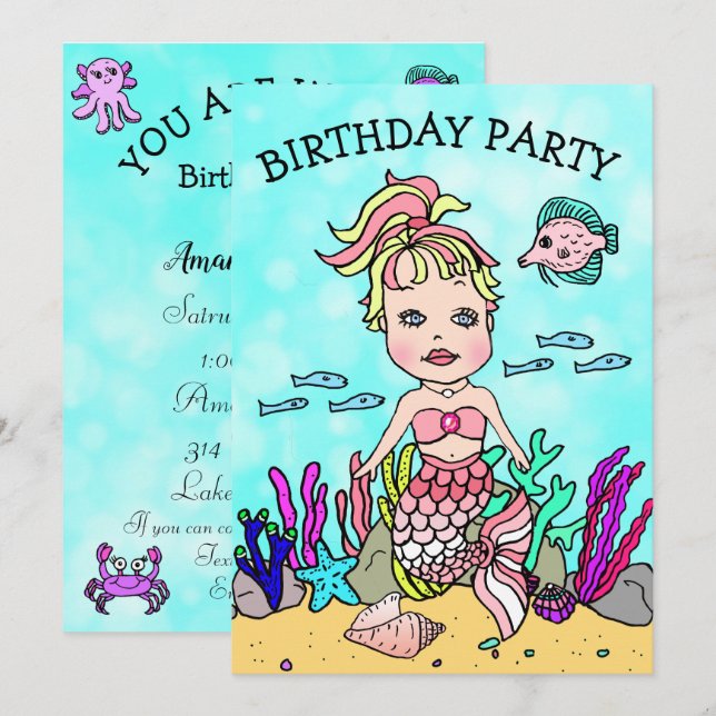 Invitation La sirène blonde sous la fête d'anniversaire de la (Devant / Derrière)