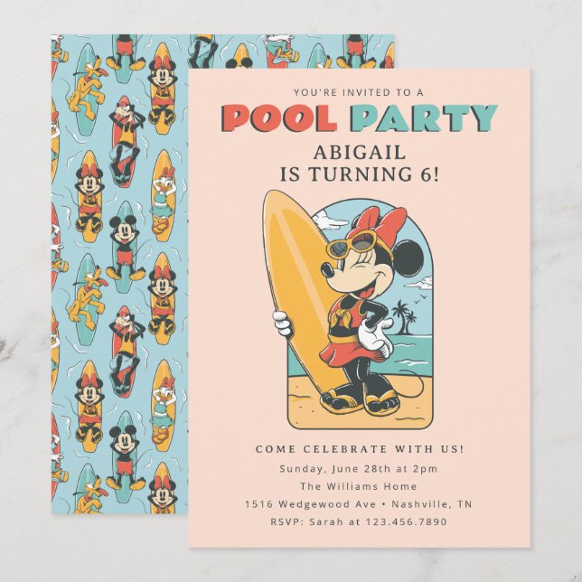 Invitation La souris Minnie de Disney | Summer Pool Party Ann (Devant / Derrière)