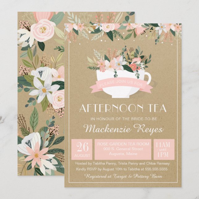 Invitation La tasse de thé florale de thé d'après-midi (Devant / Derrière)