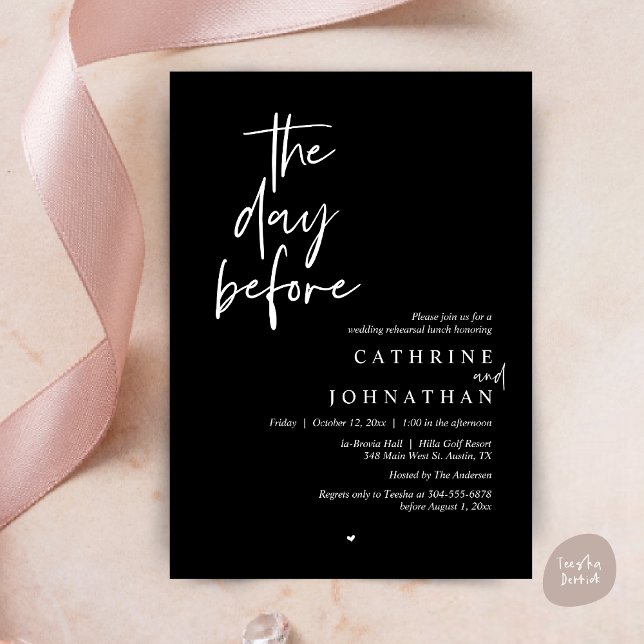 Invitation La veille, Déjeuner de répétition Mariage (The day before, Modern Wedding Rehearsal lunch Invitation Card, PDF, in Classy Black)