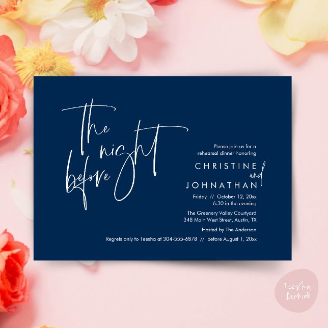 Invitation La veille, Dîner de répétition Mariage (The night before, Casual Modern Wedding Rehearsal Dinner Invitation Card PDF Navy Blue)