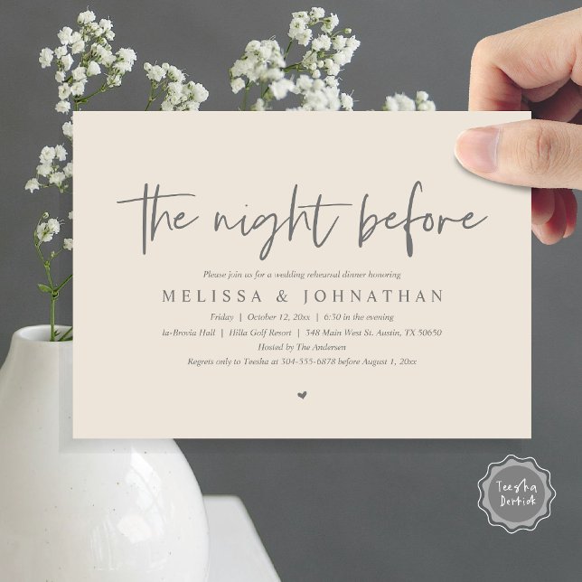 Invitation La veille, Dîner de répétition Mariage (The Night Before, Wedding Rehearsal Dinner Invitation Card, Modern Casual Script, in grey cream)