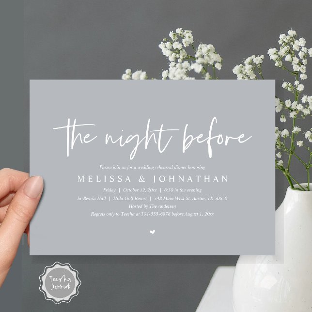 Invitation La veille, Dîner de répétition Mariage (The Night Before, Wedding Rehearsal Dinner Invitation Card, Modern Casual Script, in chill grey)