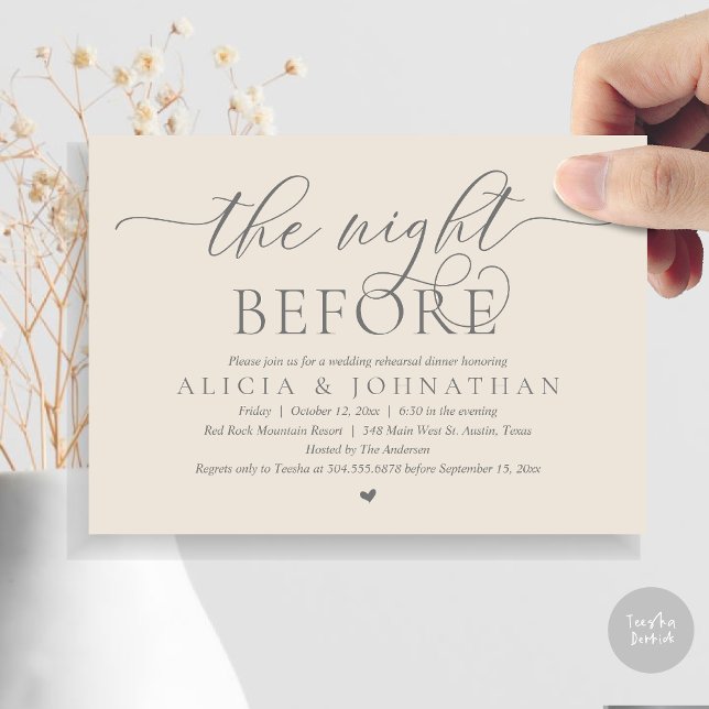 Invitation La veille, Dîner De Répétition Mariage Classique (The Night Before, Wedding Rehearsal Dinner Invitation Card, PDF, Cream Grey)