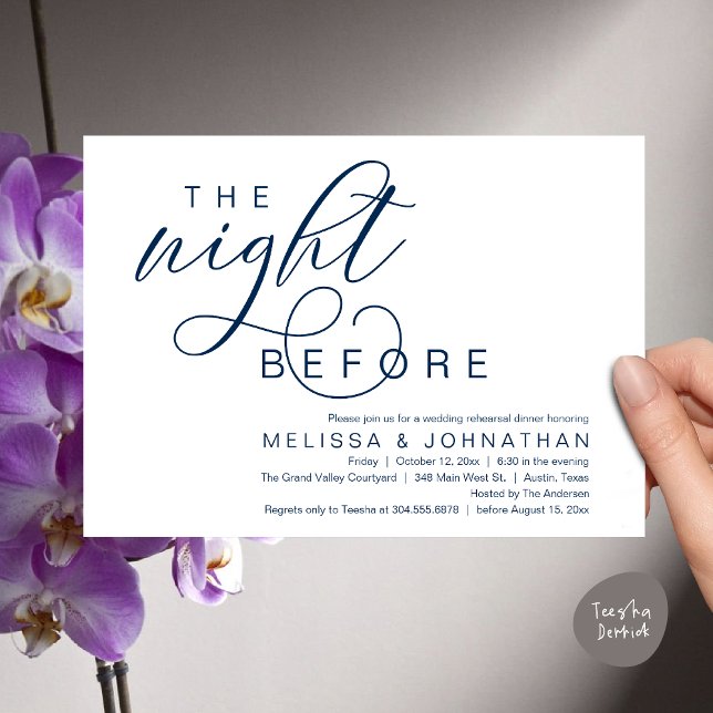 Invitation La veille, Dîner De Répétition Mariage Classique (The Night Before, Classy Romantic Wedding Rehearsal Dinner Invitation Card PDF Modern Navy Blue)