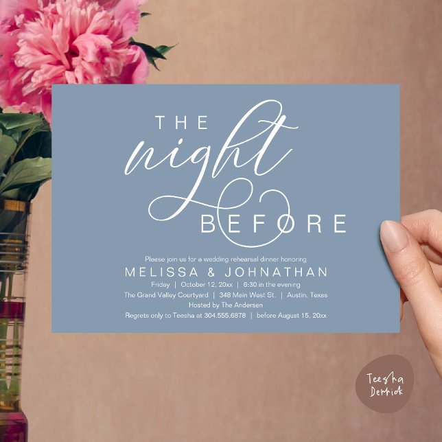 Invitation La veille, Dîner De Répétition Mariage Classique (The Night Before, Classy Romantic Wedding Rehearsal Dinner Invitation Card PDF Modern Dusty Blue)