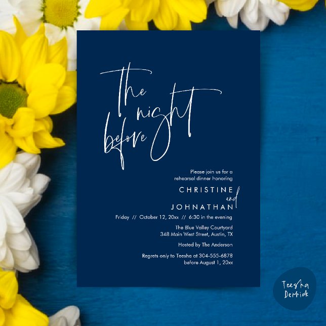 Invitation La veille, Dîner de répétition Mariage Décontracté (The night before, Casual Modern Wedding Rehearsal Dinner Invitation Card PDF Navy Blue)