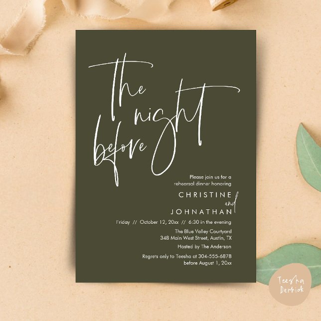 Invitation La veille, Dîner de répétition Mariage Décontracté (The night before, Casual Modern Wedding Rehearsal Dinner Invitation Card PDF Olive Green)