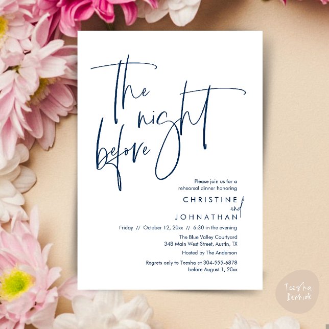 Invitation La veille, Dîner de répétition Mariage Décontracté (The night before, Casual Modern Wedding Rehearsal Dinner Invitation Card PDF Navy Blue)