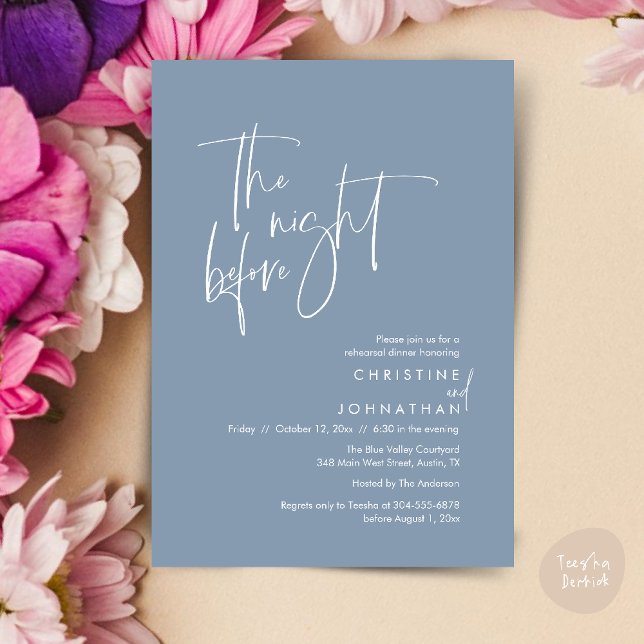 Invitation La veille, Dîner de répétition Mariage Décontracté (The night before, Casual Modern Wedding Rehearsal Dinner Invitation Card PDF Dusty Blue)